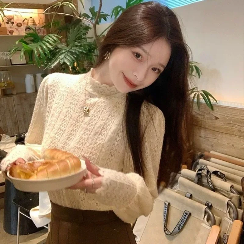 

Autumn Winter New Gentle Wind Le f High Collar Lace Base irt Versatile Long Sve Layering Women's Top TT83