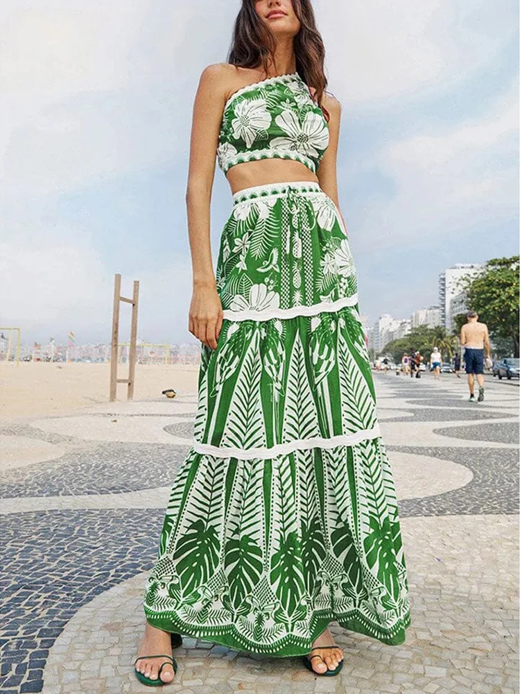 Fashion Retro Green Printed Bikini Set for Women 2023 Sexy One Shoulder Split Swimsuit Cover Up Beach Skirt for Beach Vacation