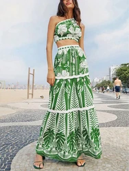 Fashion Retro Green Printed Bikini Set for Women 2023 Sexy One Shoulder Split Swimsuit Cover Up Beach Skirt for Beach Vacation