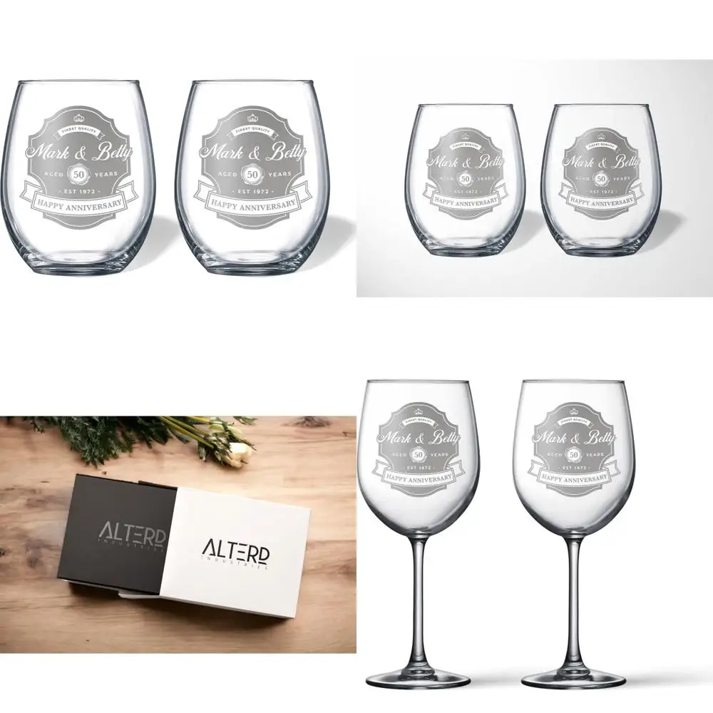 

50th Anniversary Engraved Wine Glasses Set for Couples - Vintage Wedding Gift Box