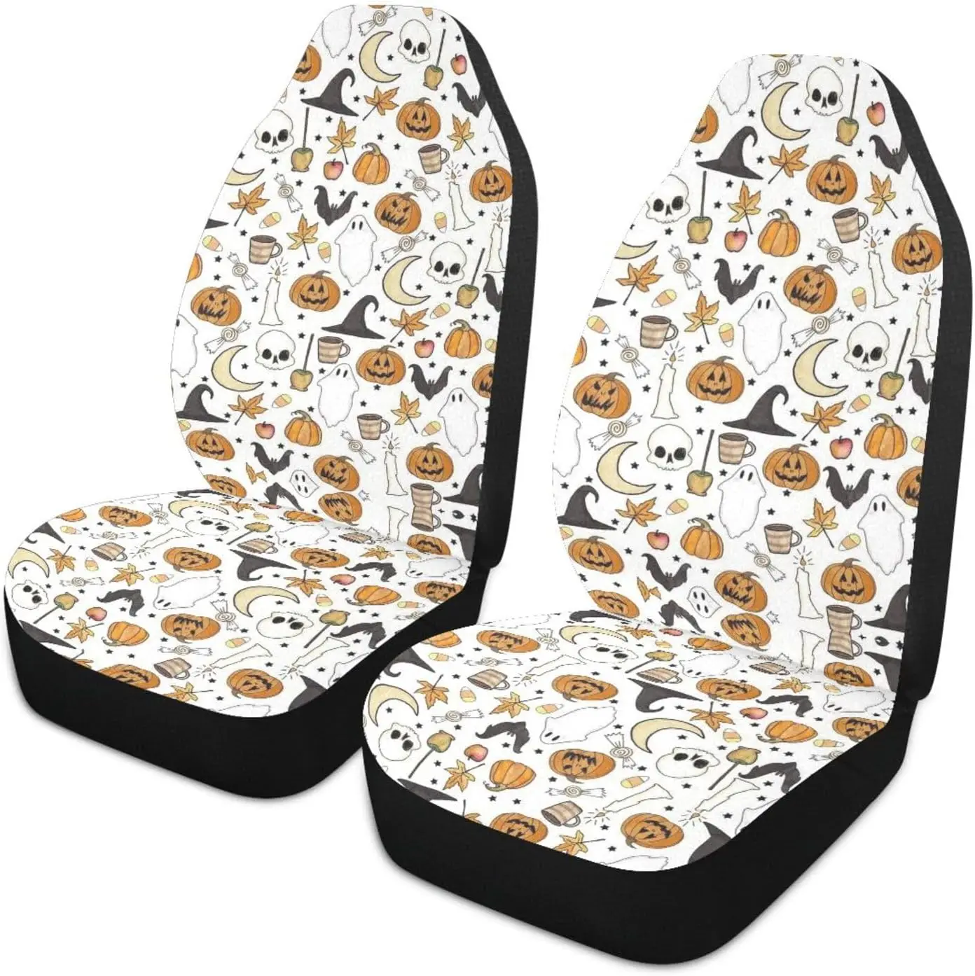 

Cute Halloween Skull Pumpkin Moon Ghost 2 PCS Car Seat Cover for Women and Men Universal Front Seat Protector Car Accessories