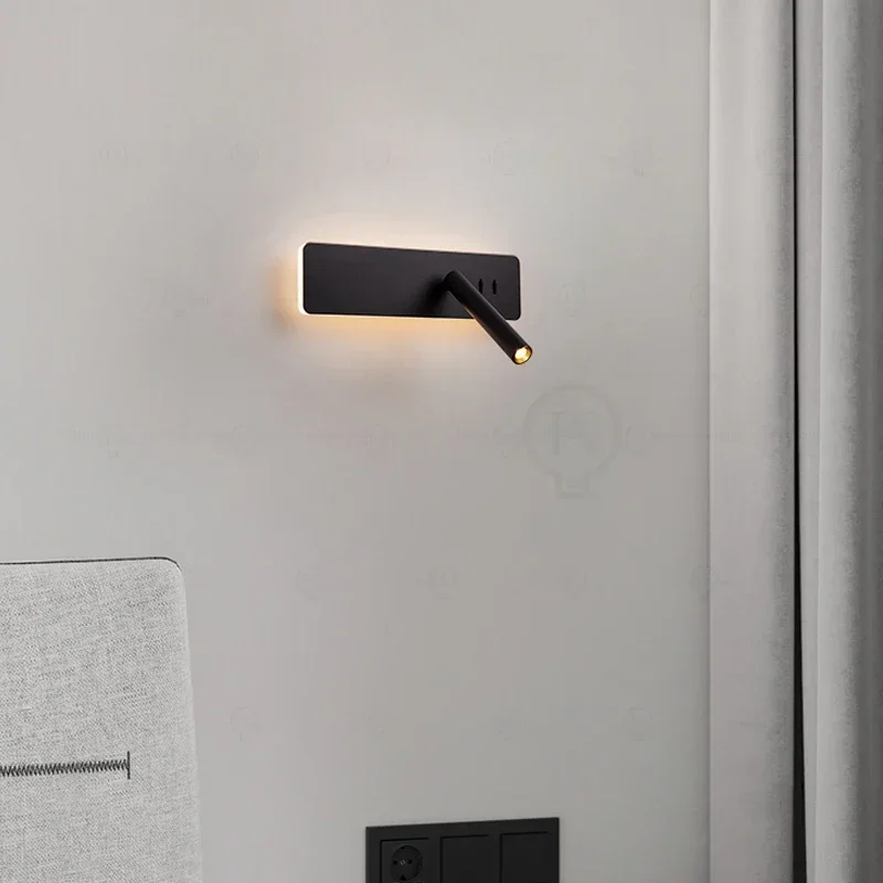 Black Nordic Bedside Wall Lamp LED Bedroom Reading Wall Lamp Living Room Study with Switch Rotating Wall Lamp