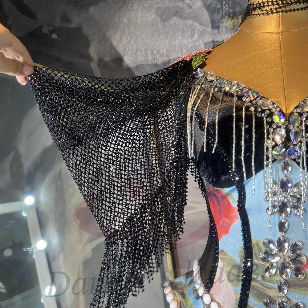 Latin Dance Costume Diamond Female Adult Children High end Customized Black Splicing Printed Samba Performance Dress