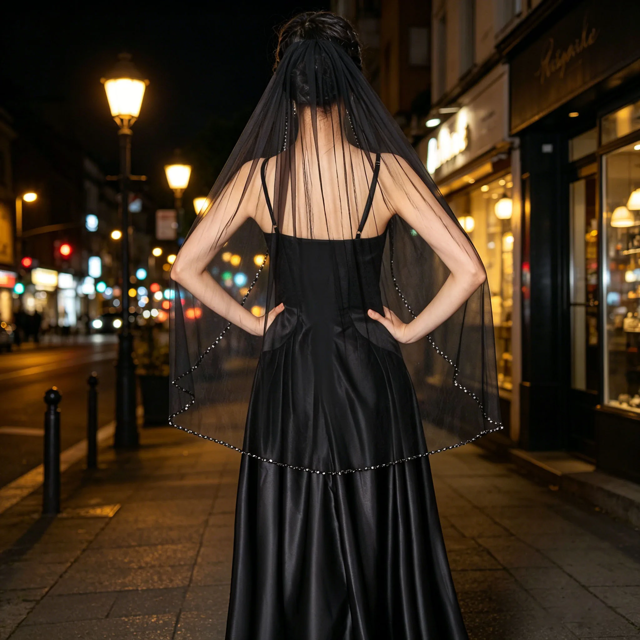Elegant Black Wedding Veil Mysterious Bridal Accessory with Tube Pearls Crystals and Sequins Adorned Edge for Ceremony G134