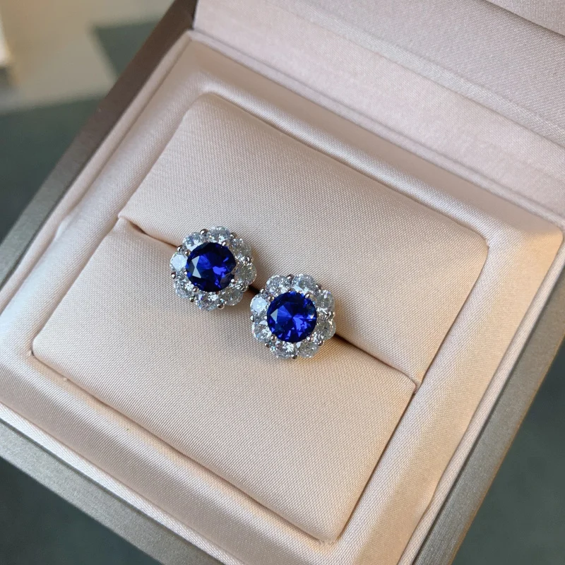 S925 Silver Jewelry Imitation Red Sapphire Denier Ring Ear Stud Pendant Three-Piece Set Main Stone 7mm