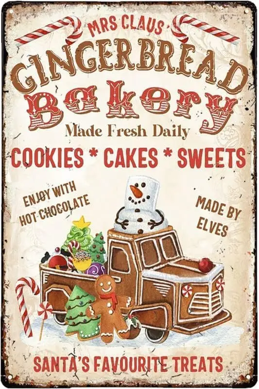 Y1,Christmas Home Decor Christmas Gingerbread Bakery Sign - Metal Signs for Kitchen Offic