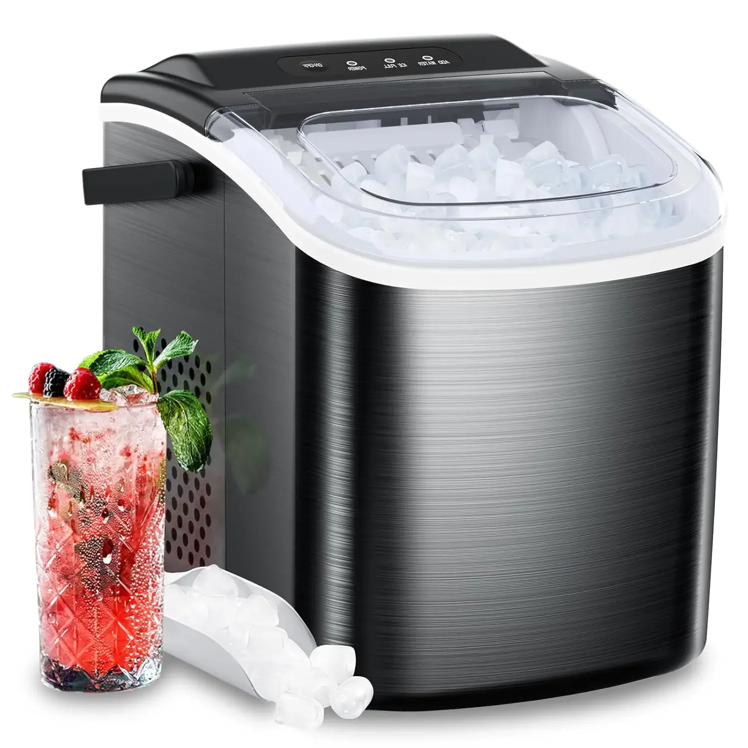 Enhanced Stainless Steel Countertop Ice Maker, Quick 9 Cubes em 6-8 Mins, Conveniente Máquina de Gelo Auto-Limpeza, 26Lbs, 24H Capacidade