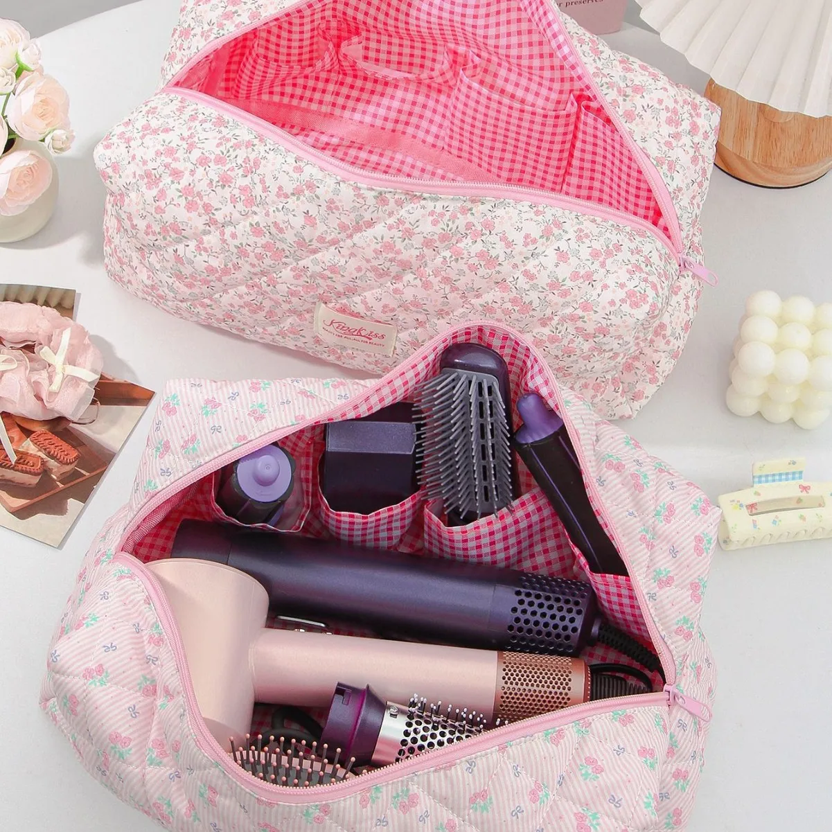 

Сумка для хранения фена с цветочным принтом, портативная дорожная сумка для ухода за волосами большой вместимости, многофункциональная косметичка для выхода