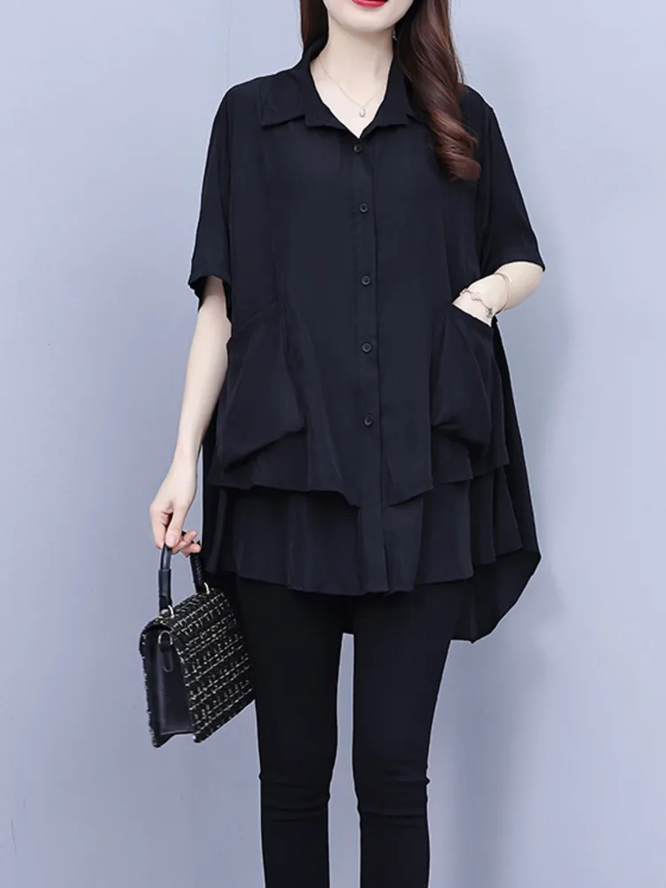 #2827 Black False Two Piece Shirts Women Loose Split Joint Irregular Blouse Short Sleeve Double Pockets Womens Tops And Blouses