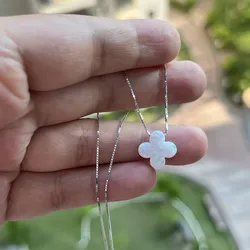 1pc Free Shipping 2024 New Style Synthetic Opal 12mm White Four Leaf Clover Shape With 925 Sterling Silver Necklace For Gift