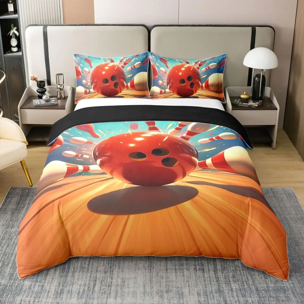 Bowling Ball Duvet Cover Full King Size For Boys Girls Fashion Ball Games Sports Bedding Set Bowling Pins Print Comforter Cover
