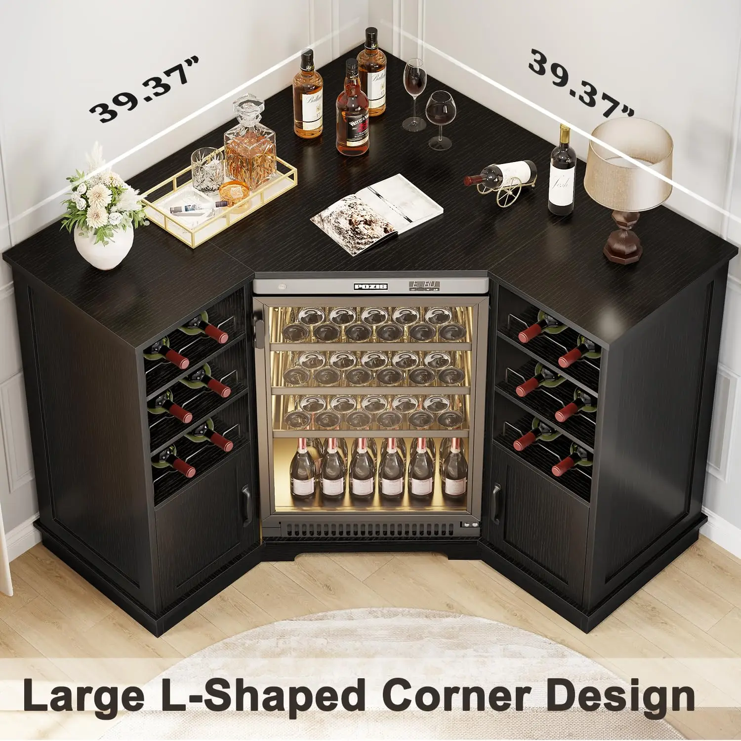 Corner Coffee Bar with Storage, Wine Racks and Storage Doors, Wine Cabinet for Kitchens, Living Rooms and Home Bars, Customized
