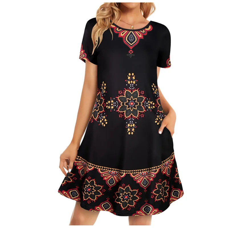 Boêmio vintage impresso vestido de verão senhoras solto camiseta vestido casual feminino praia manga curta em torno do pescoço bolso vestido curto
