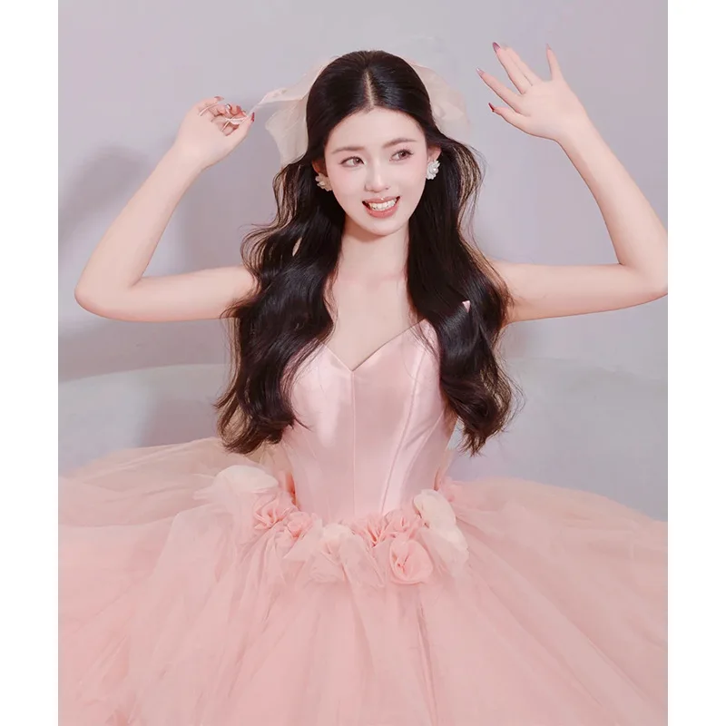 Pink Runaway Princess Light Wedding Dress Strapless Coming Of Age Ceremony Light Luxury Evening Dress Fluffy Skirt Customized