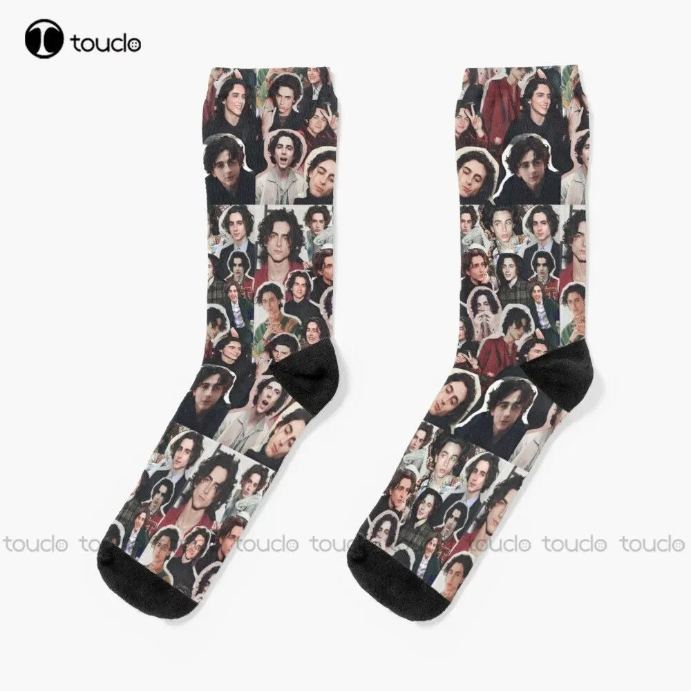 Timothée Chalamet Collage Timothee Chalamet Edit Socks Orange Socks Cartoon Street Skateboard Socks 360° Digital Print Harajuku