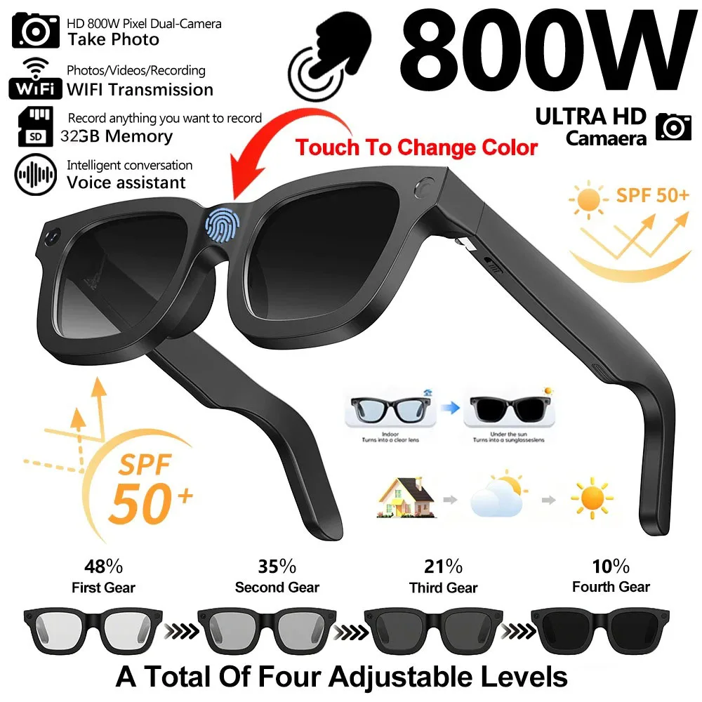 Smart Glasses HD Photo Video OpenAI Record B-Bluetooth Call Music Translation Touch Electrochromic Lenses Multifunction Glasses