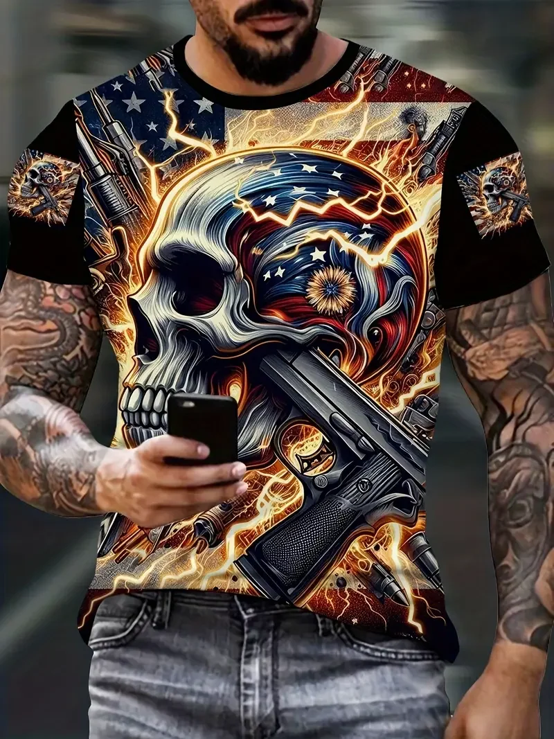 

Summer Outdoor Men's T-shirt Casual Round Neck Short Sleeve Skull Pattern Printed T-shirt Fashion Male Oversized Clothing