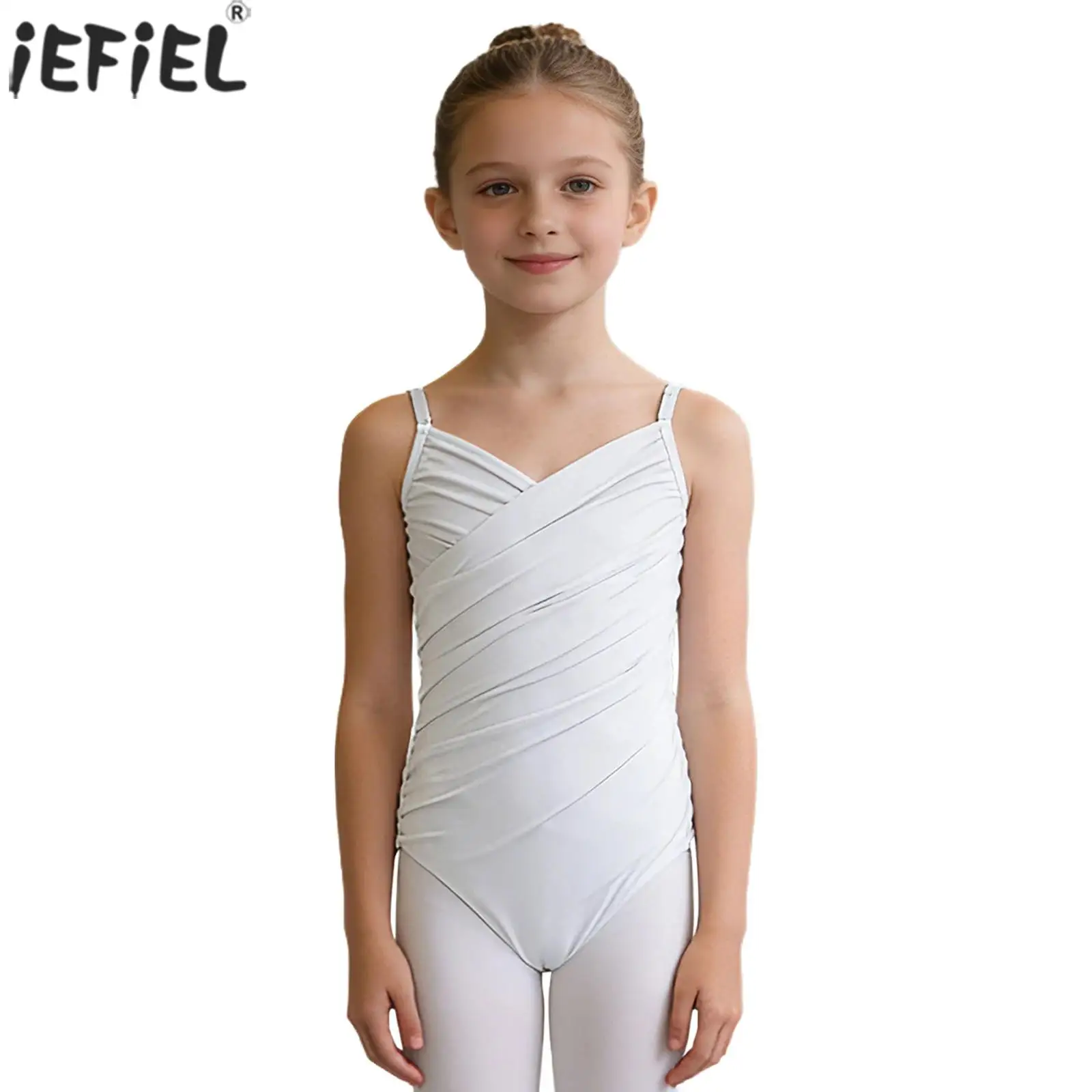 Kids Girls Ballet Dance Camisole Leotard Adjustable Spaghetti Straps Ruched Mesh Unitards Yoga Gymnastics Training Bodysuit