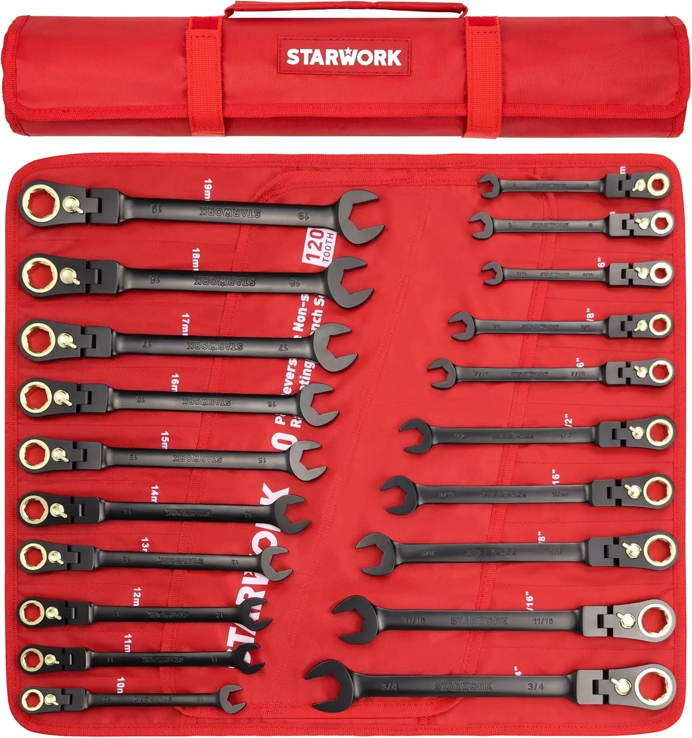 MECHANIC™ 20-Piece, 120T, Reversible, Flexible Ratcheting Wrench Set, Non-Slip, Long Pattern, SAE/Metric, Professional, With Por