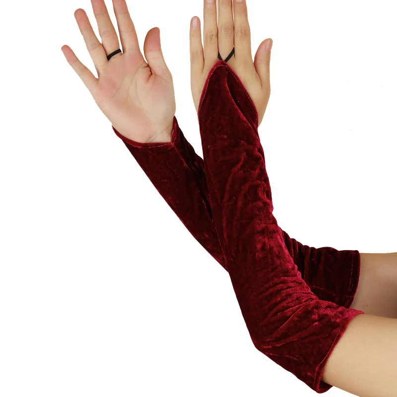 Fashion Golden Velvet Fingerless Elastic Long Warm Gloves For Women Winter Prom Wine Red Party Half Finger Etiquette Mitten S218