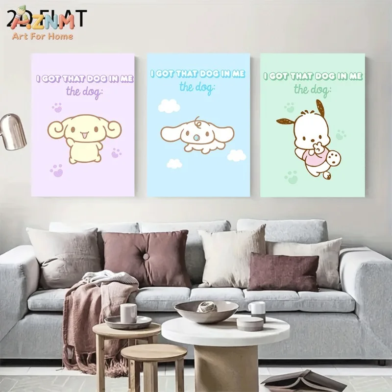 AZNM Unframed Canvas Wall Art Mocha Cinnamoroll Pochacco Quote I Got That Dog In Me Sanrio Cartoon Poster Pastel Kawaii Print G