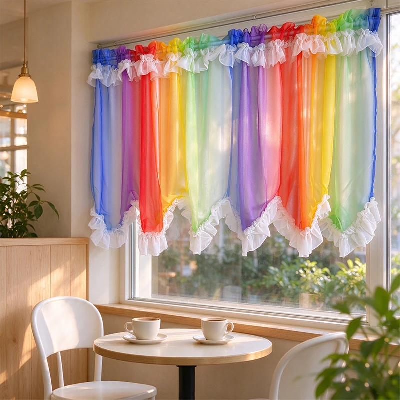 1pc Vibrant Rainbow Terylene Wavy Sheer Valance, White Ruffle Edge Short Half Curtain for Dessert Shop Window & Boho Home Decor