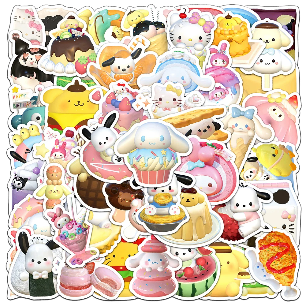 10/30/50PCS 3D Cartoon Food Sanrio Stickers Aesthetic Hello Kitty Pochacco Cinnamoroll Cute Anime Decals Toy DIY Diary Phone Car