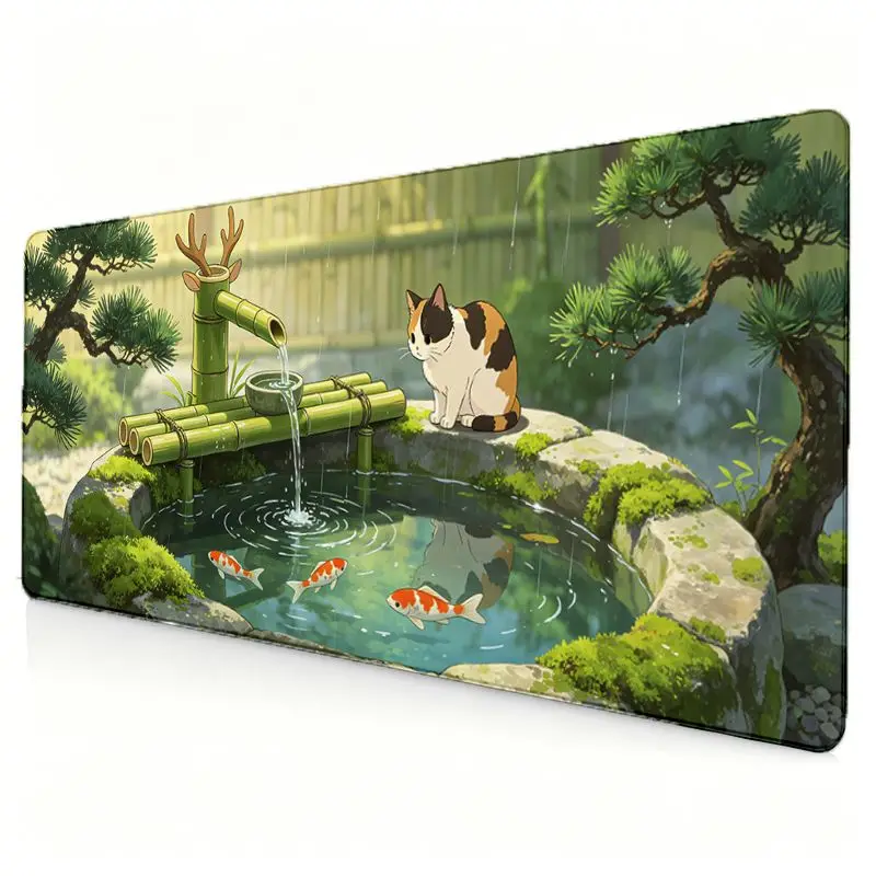Extended game mat, with three-colored cats placed beside the Japanese bamboo water feature and the koi pond. A Zen-style garden
