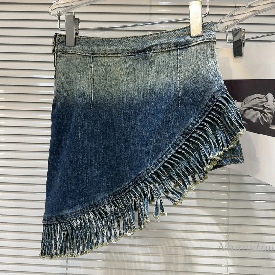 2024 Autumn New Hot Girl Gradient Irregular Tassel Bevel Washing Denim Skirt for Women Sexy Fashion Street Short Jean Skirts