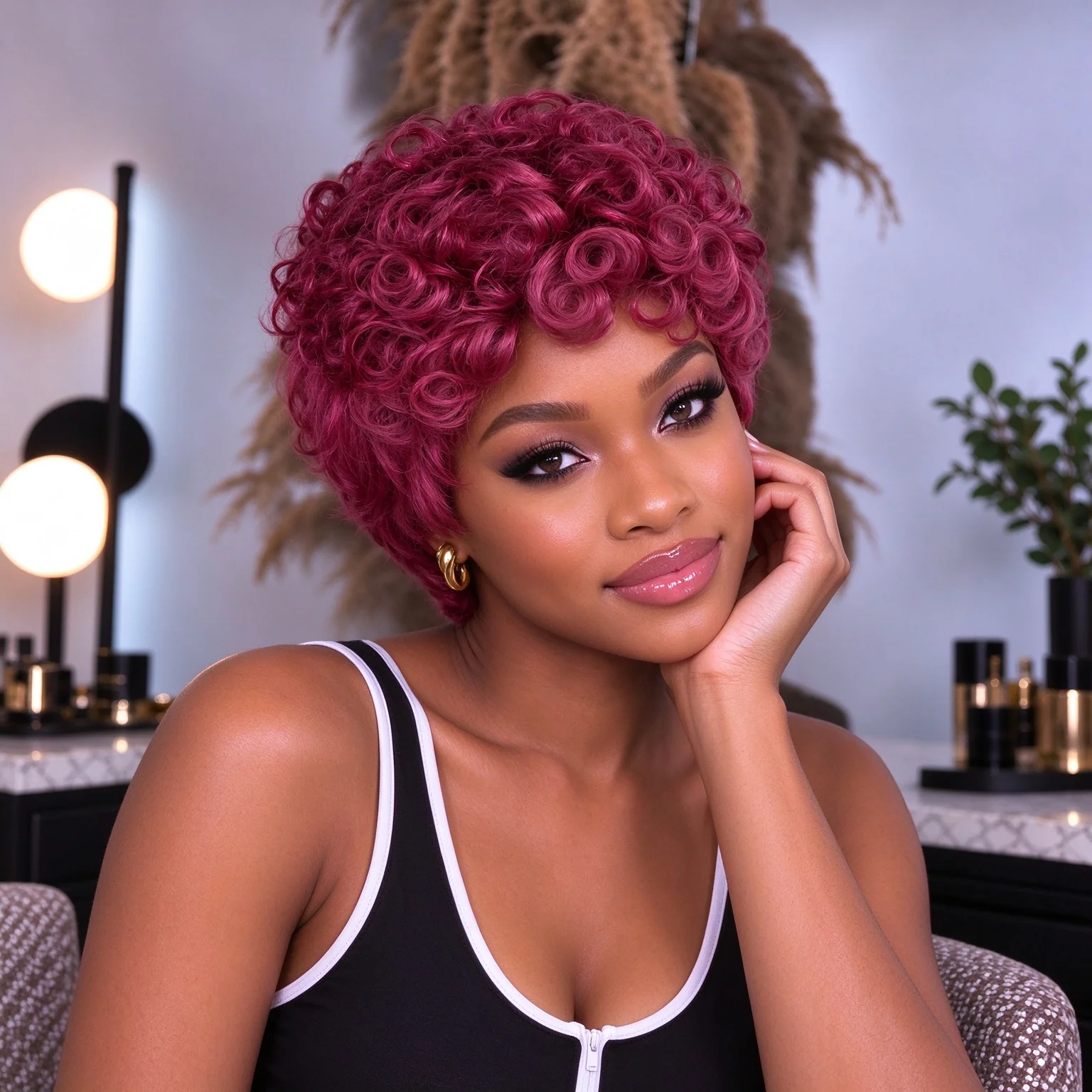 Short Curl Wave Human Hair Short Pixie Cut Wig 99J Color Brazilian Human Hair Wigs for Women Machine Made Wig Style for Party Co