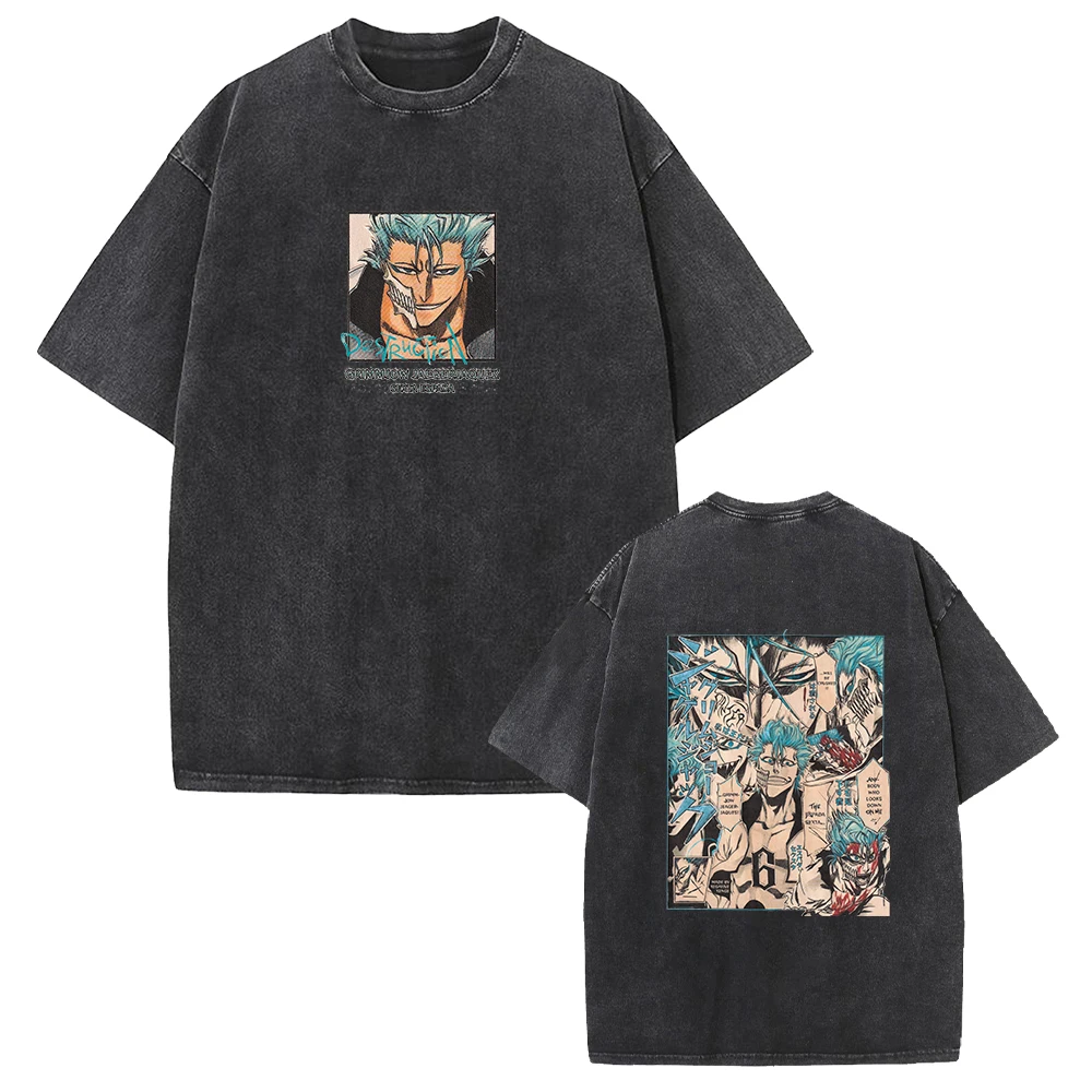 Vintage Washed T‑shirt Bleach Grimmjow Manga Collage Front Back Print Unisex Anime Oversized Short Sleeve Streetwear Tee
