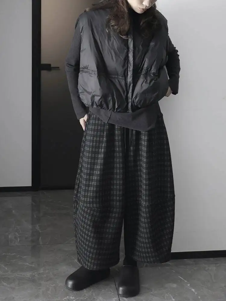 مرونة عالية الخصر الأسود منقوشة عادية سميكة واسعة الساق السراويل الجديدة بنطلون المرأة موضة المد الخريف الشتاء