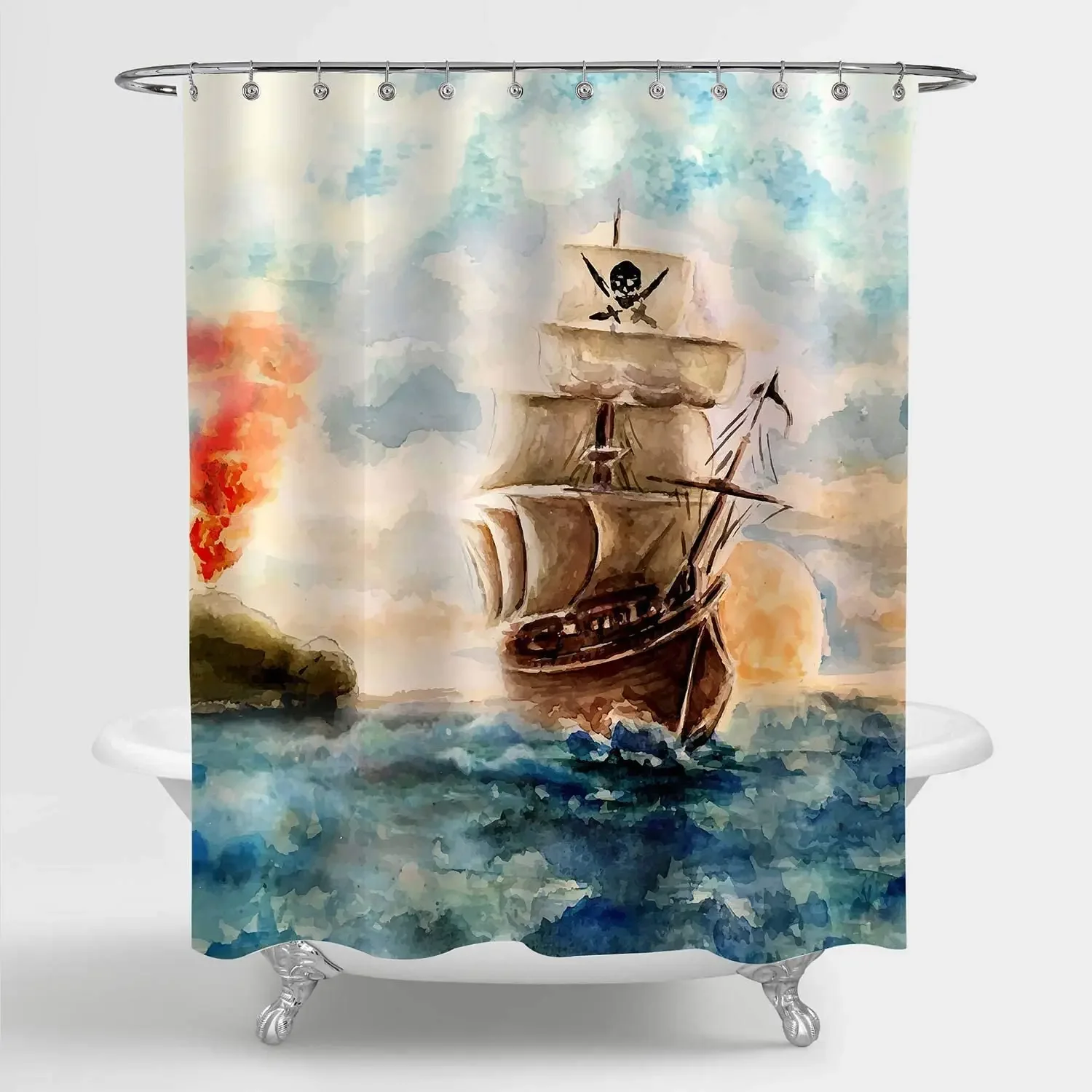 Sailboat Watercolor Caribbean Pirate Ship Cruises in Treasure Adventure Bathroom Décor