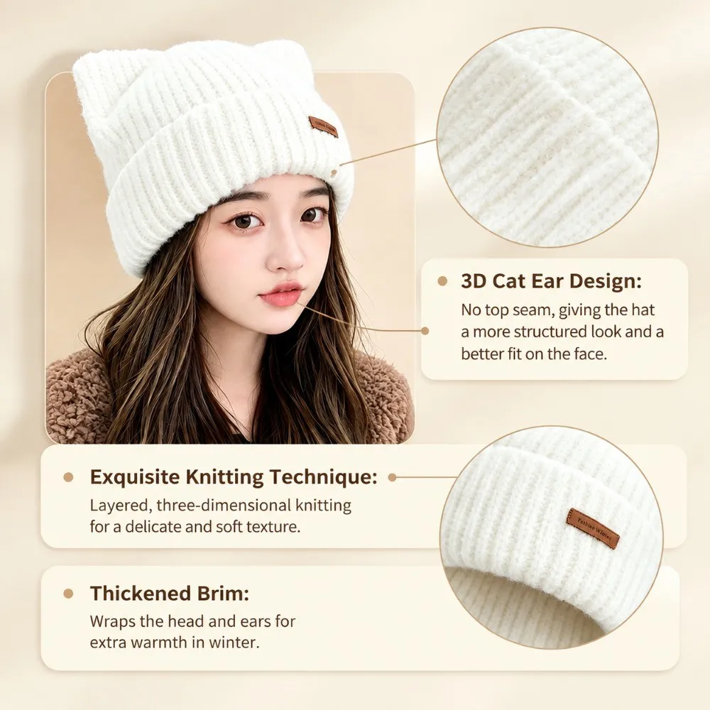 Cute Solid Color Cat Ear Beanie Windproof Cat Ear Ribbed Knit Cap Soft Warm Beanie Cap Casual Streetwear
