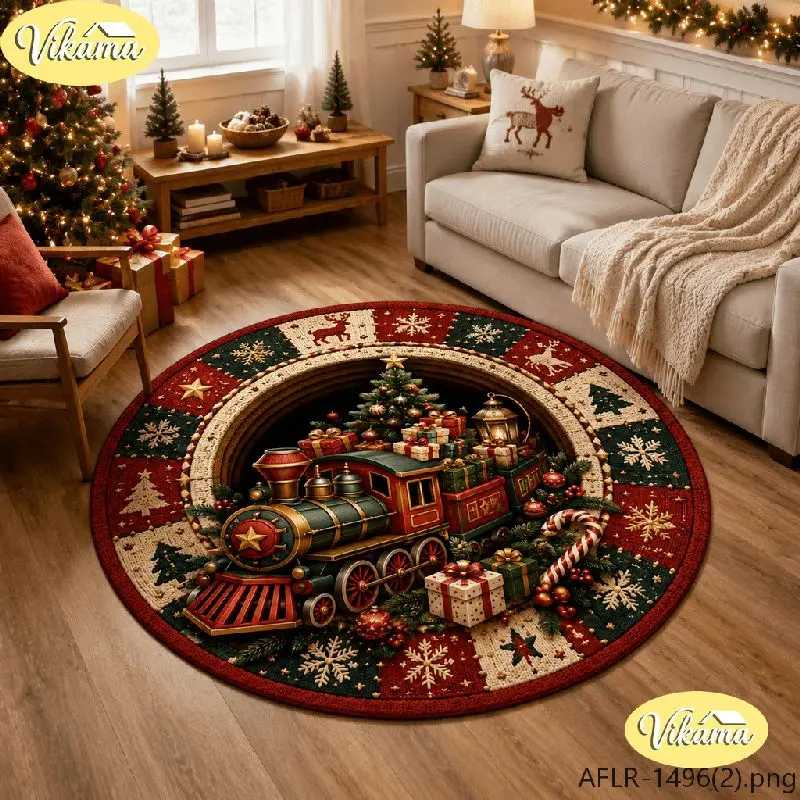 VIKAMA Christmas Round Rug 3D Christmas Train Tree Gifts Area Rug Living Room Holiday Home Decor Aesthetic Art Large Premium