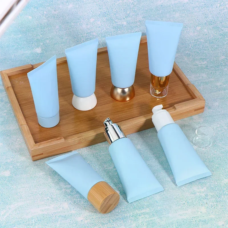 Tubos blandos portátiles vacíos esmerilados azules, loción de crema cosmética para apretar, botella de viaje, base rellenable, contenedor de crema BB