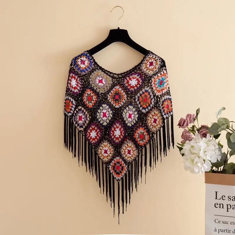 Spring Summer Hollow-out Tassel Mesh Capes Sunscreen Pullover Handmade Lace Shawl Lady Cloaks Sandy Beach Poncho Black