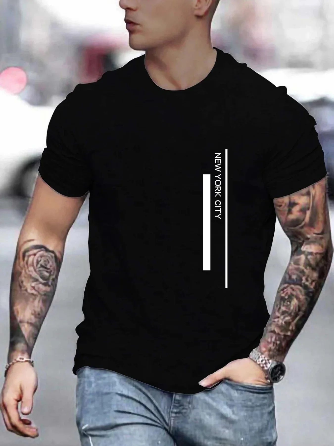 T-shirt manches courtes col rond homme, ample, 100% coton, imprimé ville de travail, coupe décontractée, été