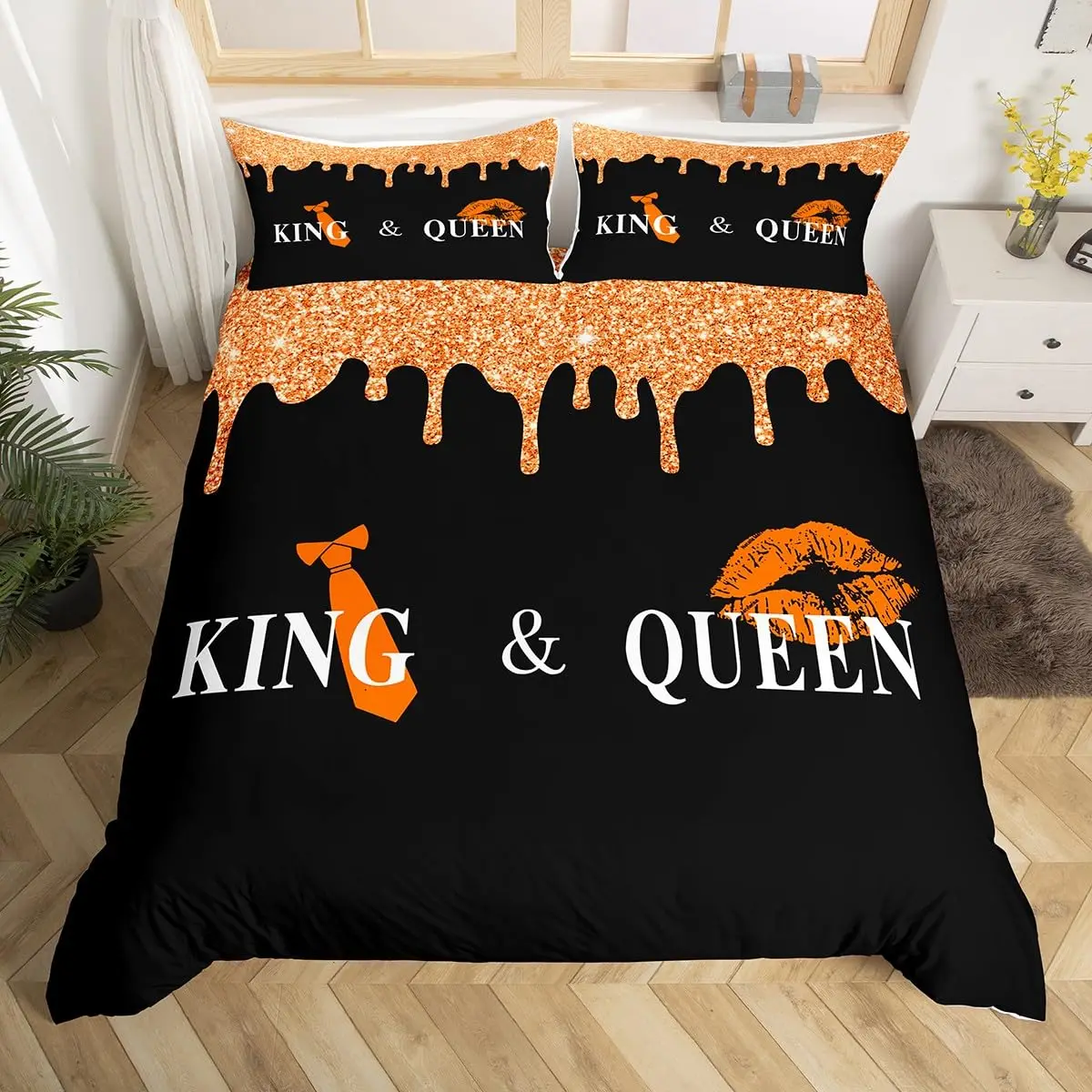 Gold Crown Duvet Cover for Lover Couple King Queen Bedding Set Mr Mrs Comforter Cover Anniversary Quilt Cover with 2 Pillowcases