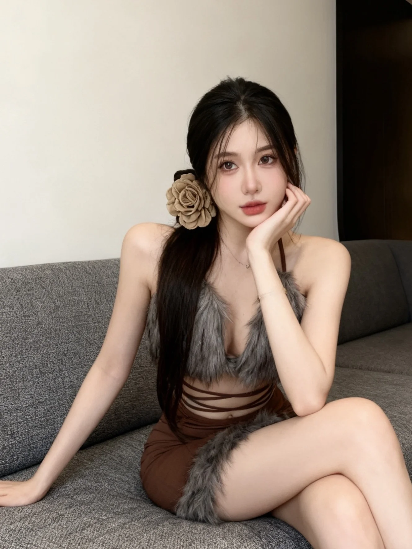 Sexy Plush Strapless Short Skirt Nightclub Dancing Outfit Two-Piece Set V-Neck No-Sleeve Bodycon Fashion for Trendy Girls