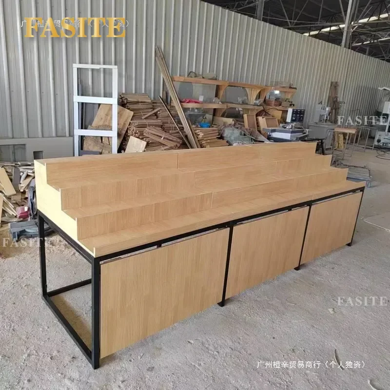 For Fruit Display Shelf Stepped Steel and Wood Single Layer Stacking Cabinet Side End Storage Rack for Grocery Store