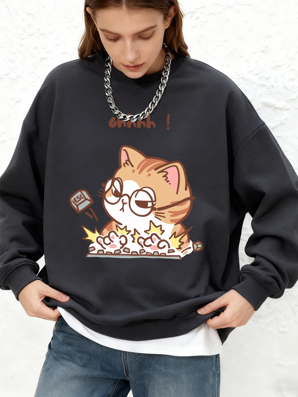 مجنون القط الكتابة بغطاء للرأس مطبوعة بشكل واسع المرأة الأساسية Crewneck المعتاد البلوز الدافئة طويلة الأكمام بلايز الشتاء عداء ببطء الملابس