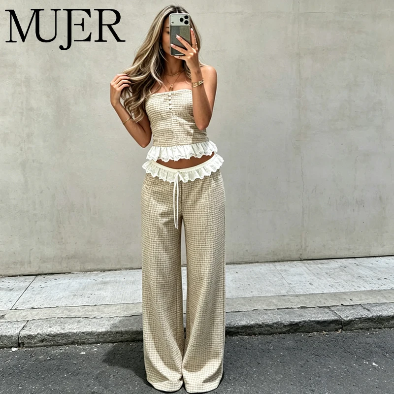 MUJER Summer Women's Ruffle Pants Suit Textured Women 2 Pieces Sets Mid Waist Baggy Pants Knit Crop Top Elegant Woman Sets