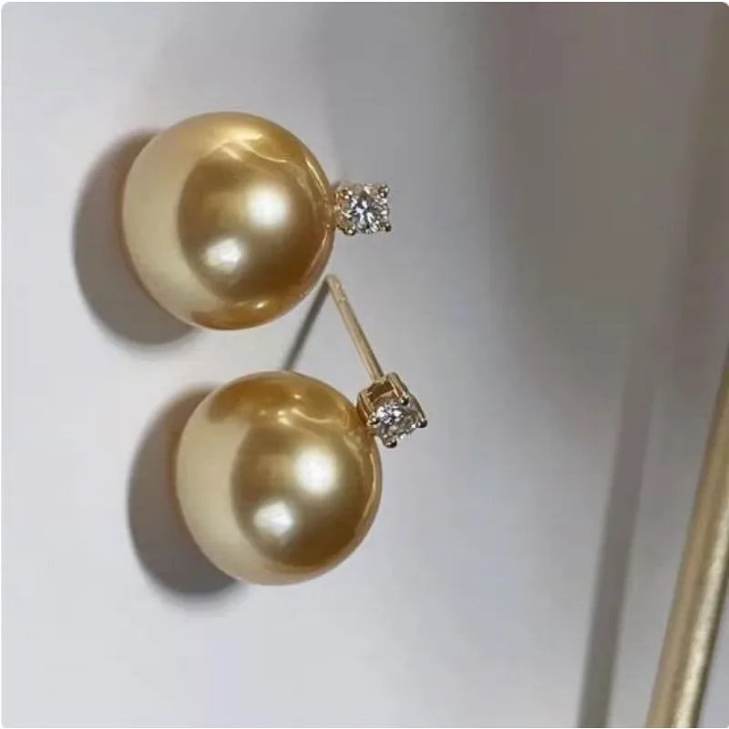 Huge AAAA+ 10-11mm Natural South Sea Round Gold Pearl Women's Earrings 18k Gold / AU750