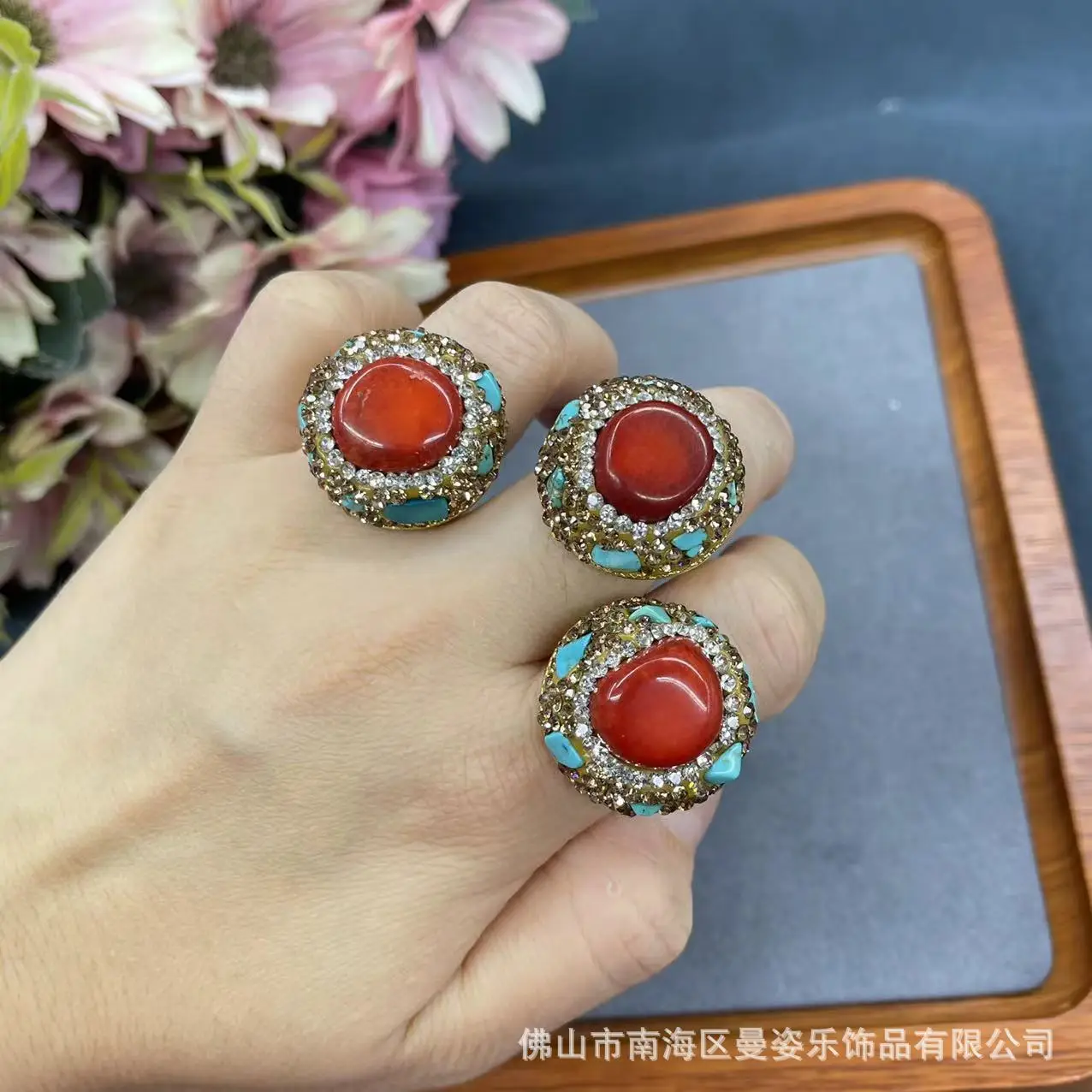 Ethnic style ring red inlaid turquoise ring Internet celebrity the same exquisite fashion ring European and American
