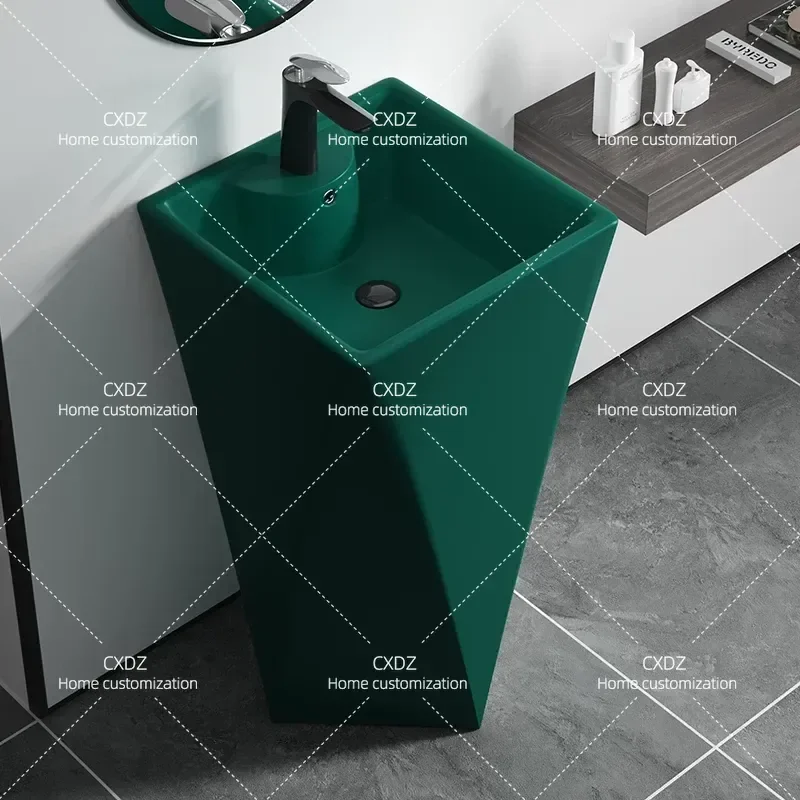 Matte Diamond Pillar Basin Floor Standing Washbasin Integrated Black Orange Color Pedestal Sink Bathroom Vanity Unit