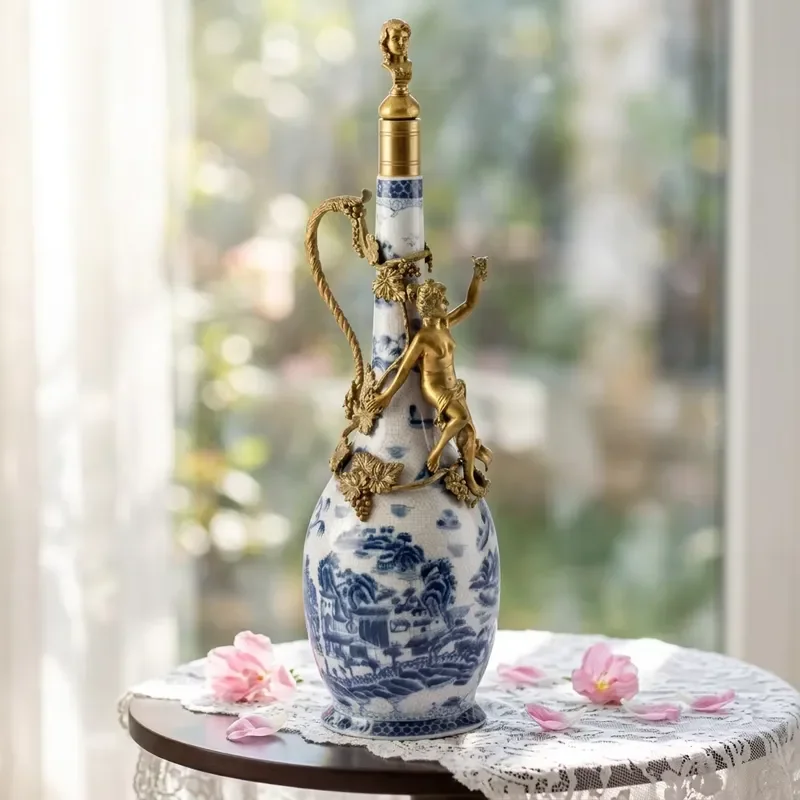 Luxurious Blue High-temperature Porcelain Copper European-Style Long-Necked Vase China Entryway Dining Vase
