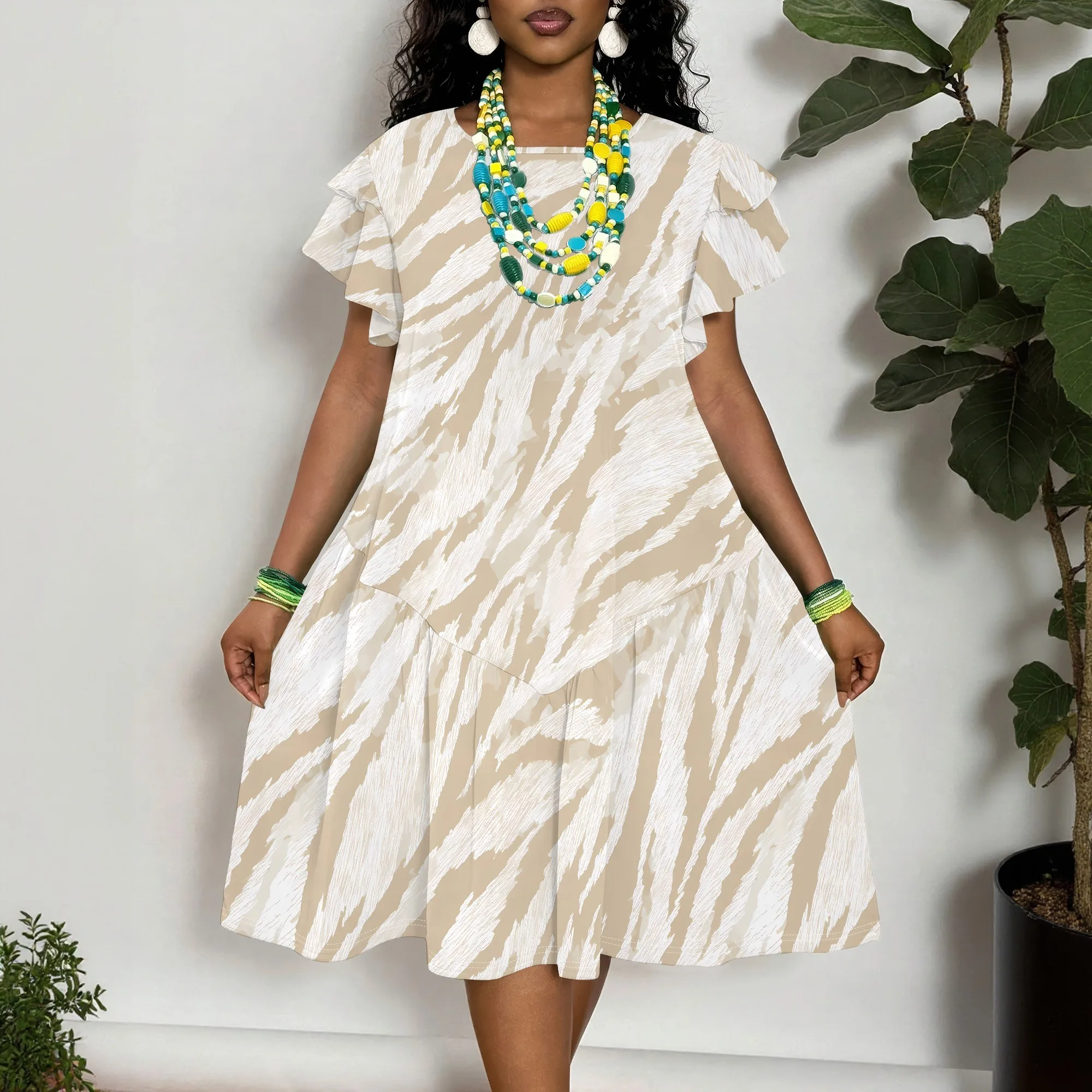 

Women's Plus Size Short Sleeve T-Shirt Dress Casual Animal Print Tiered Ruffle Hem Summer Midi Dress