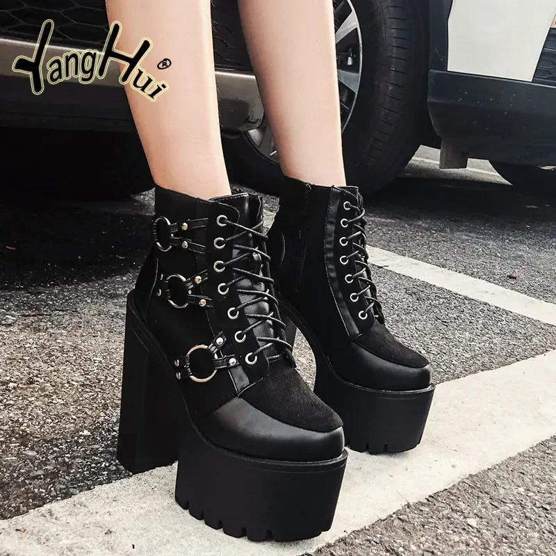 Punk Style Retro Shoes for Women Platform Super High Hells Ankle Women\'s Pumps 2023 New T-stage Modern Boots Autumn Winter