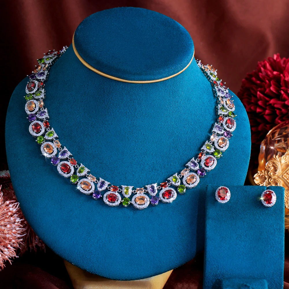 Pera Vintage Rainbow Multi-Color Zirconia Necklace Red Oval Stud Earrings for Women Wedding Accessories Jewelry Gift J064